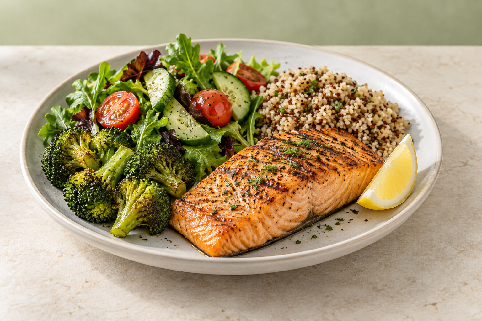 Almuerzo saludable con salmón, quinoa, brócoli y ensalada fresca