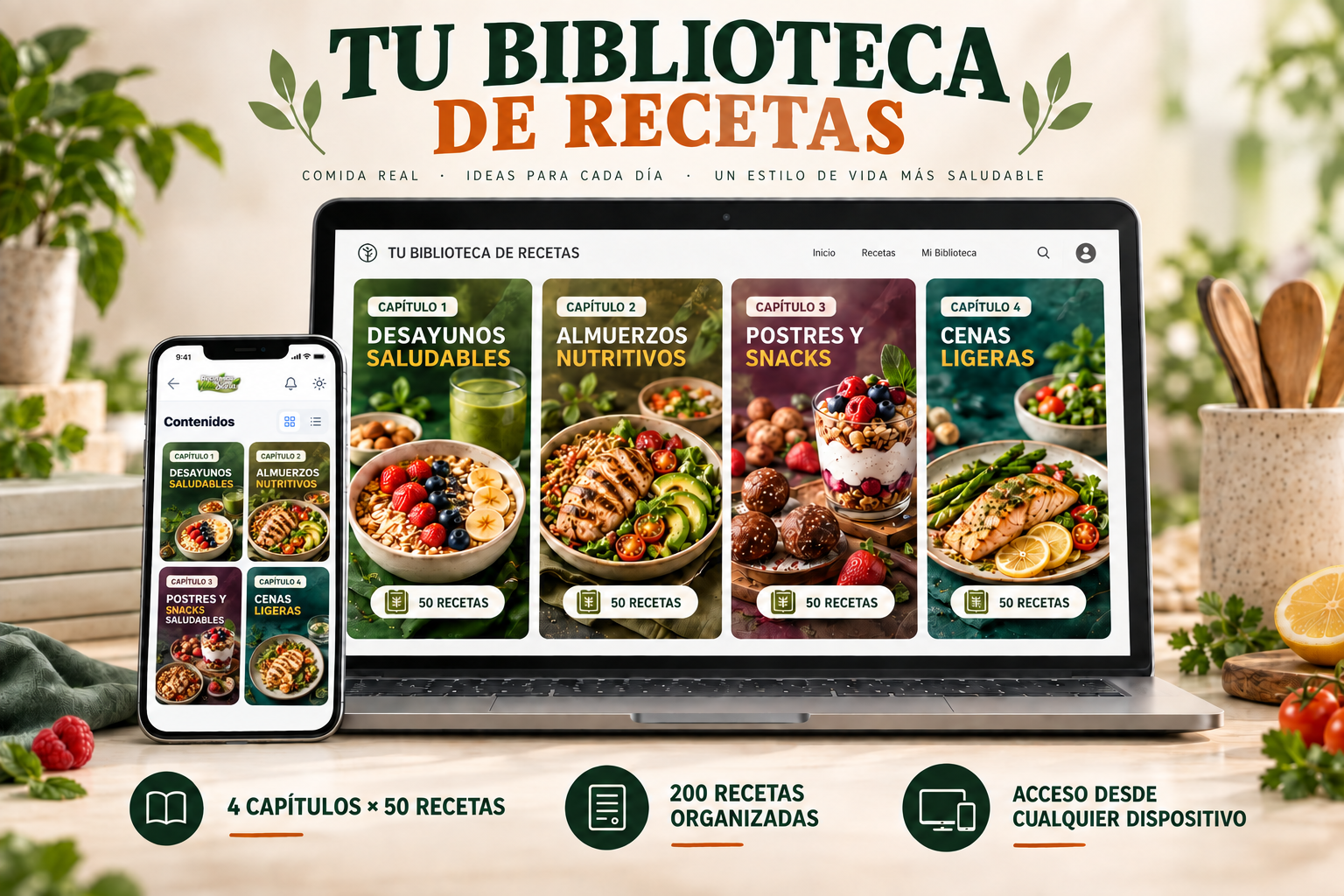 Vista del área privada con cuatro capítulos de 50 recetas en computadora y celular