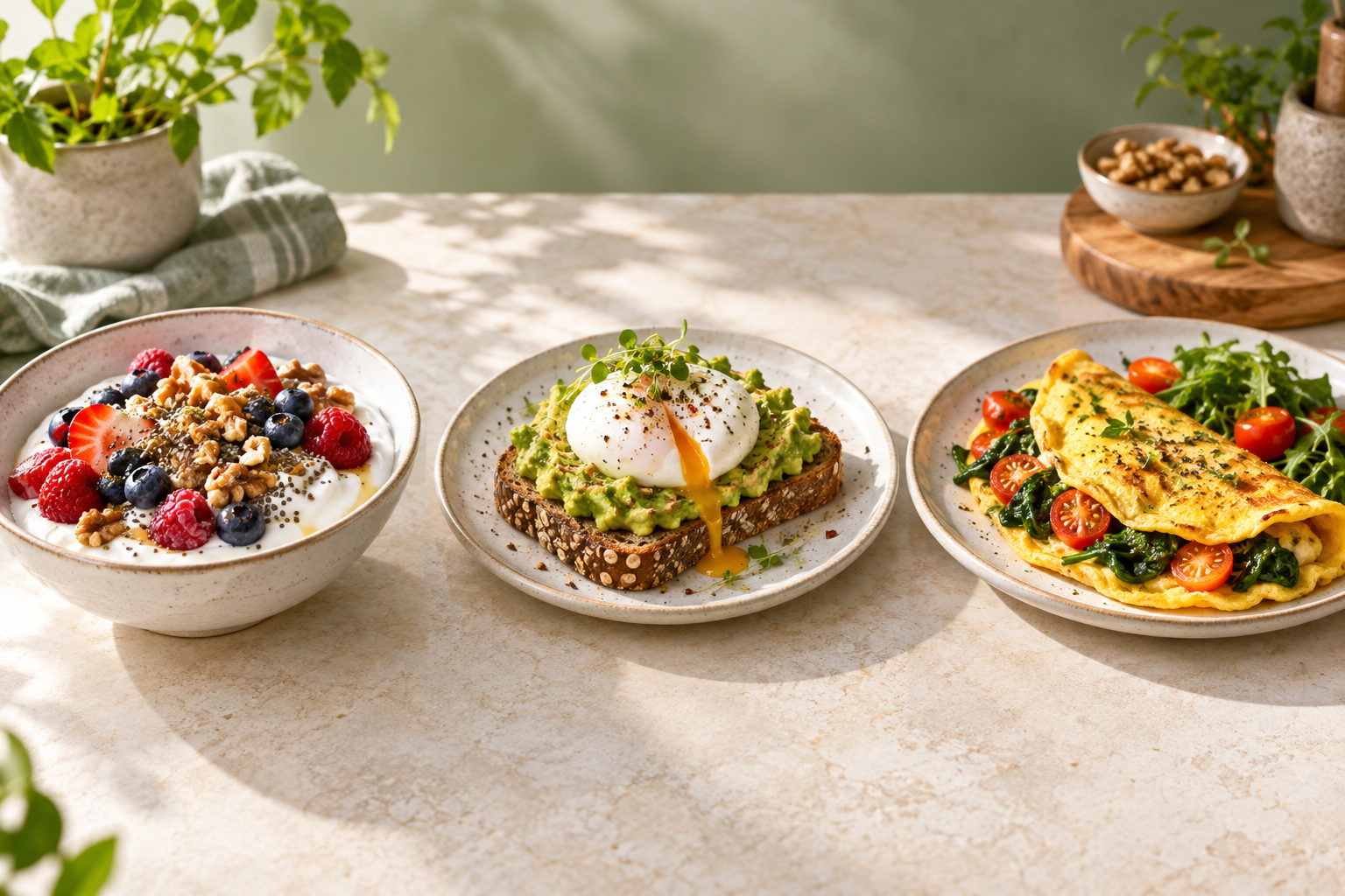 Tres desayunos saludables: yogur con frutos rojos, tostada con aguacate y omelet de vegetales
