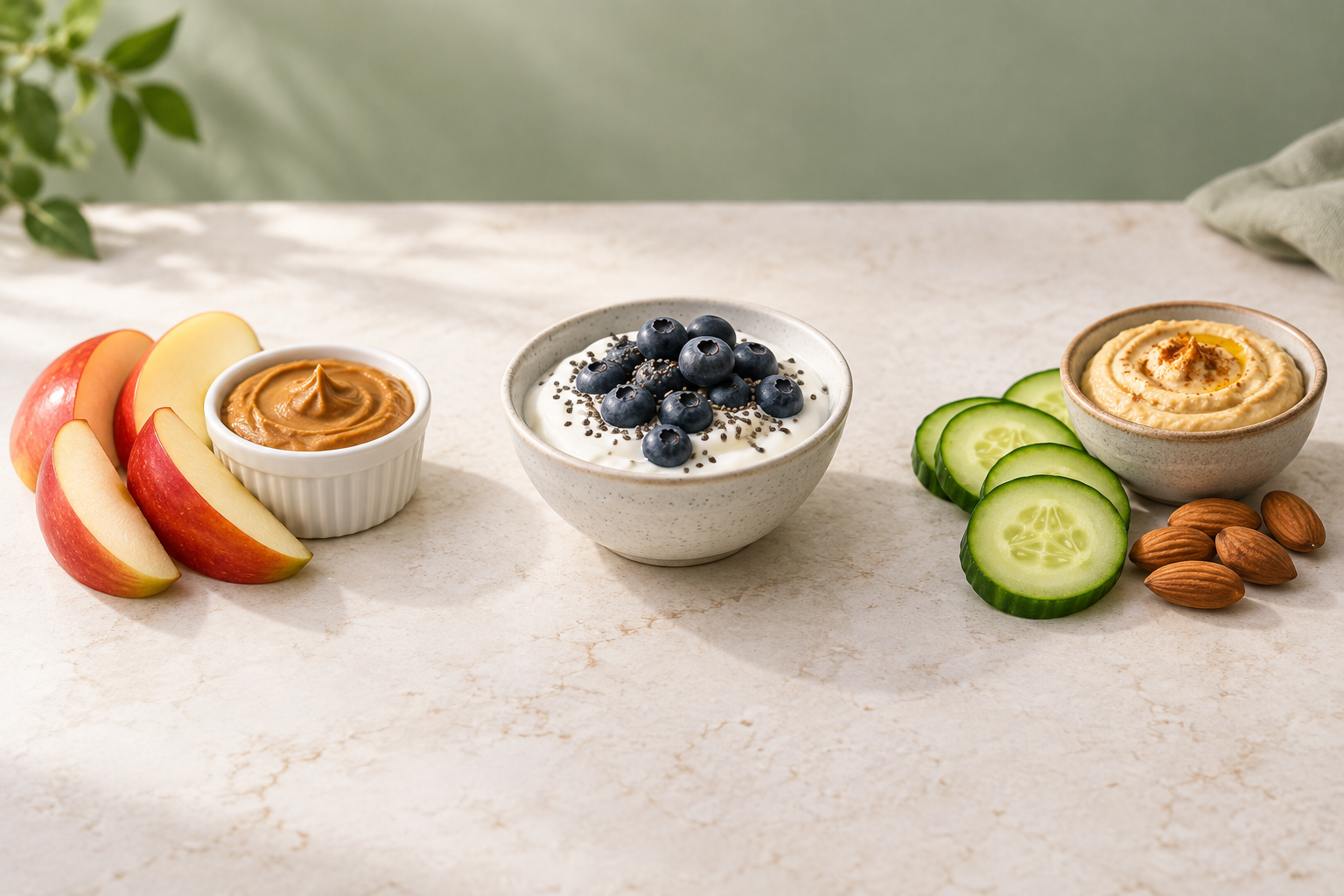 Snacks saludables con manzana, yogur, arándanos, pepino y hummus