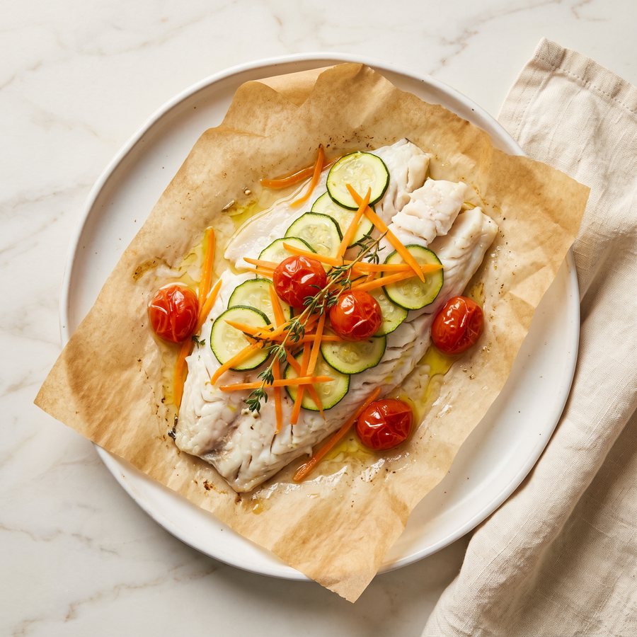 Merluza en papillote con vegetales